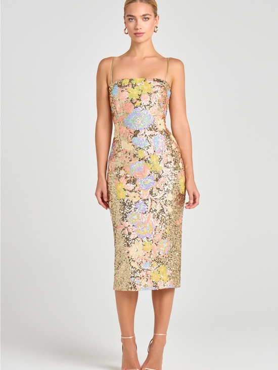 NADINE MERABI Dresses & Skirts - NADINE MERABI Gold Sequin Floral Midi Dress